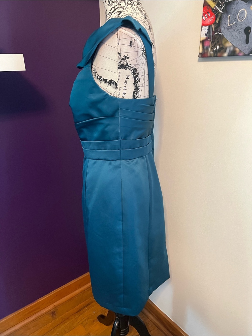 Alfred Angelo Teal One-Shoulder Satin Sheath Dress - Picture 6 of 9